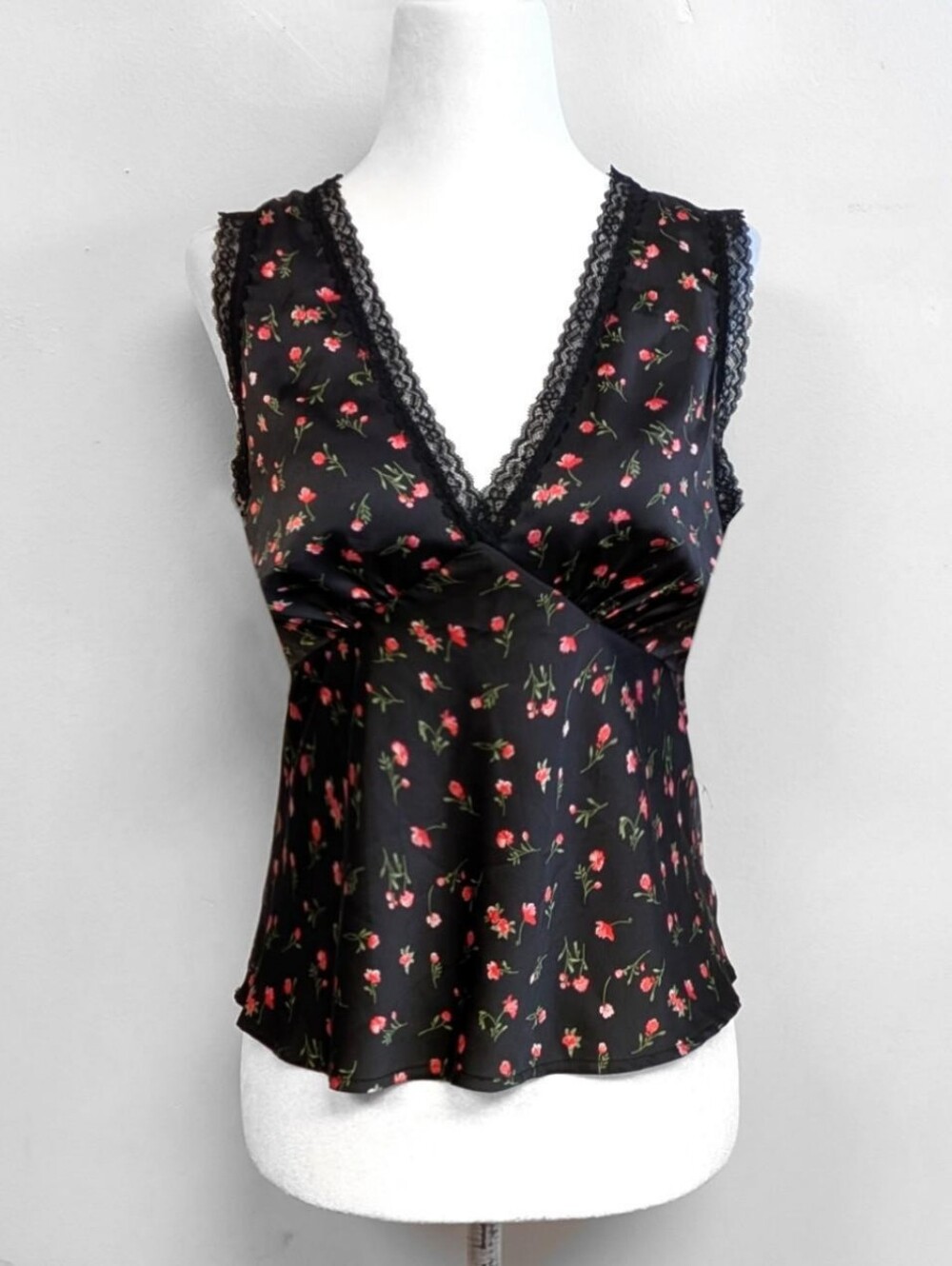 Wayf Black Floral Satin Lace Trim Cami Babydoll Top | Size M
